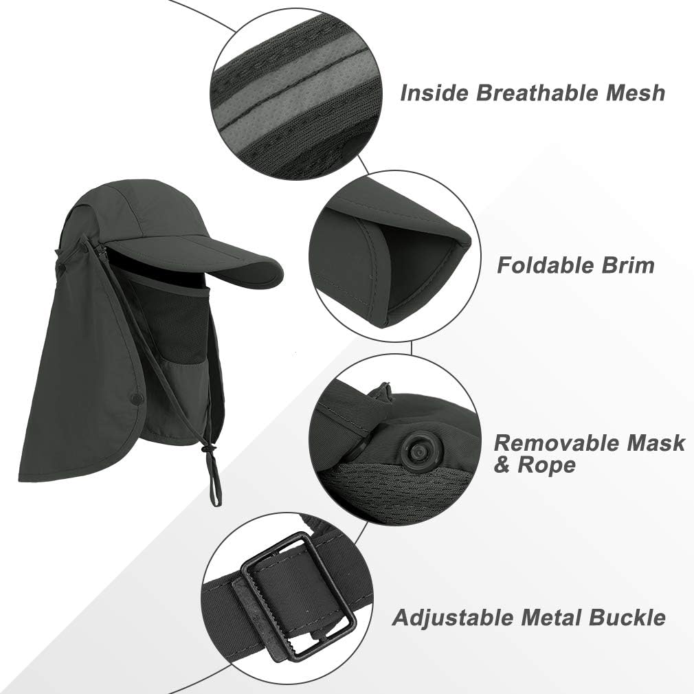 Foldable Sun Cap, Fishing Hats, UPF 50+ Protection Caps with Face Mask Neck Flap