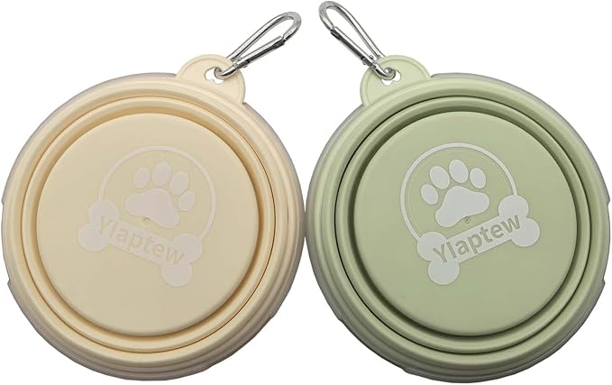 Small Collapsible Dog Bowl 12oz,2 Pack Portable and Foldable Pet Travel Bowls with 2 Carabiners & Lids for Dogs Cats and Small Animals (Macaron Yellow+Green, 350ml)