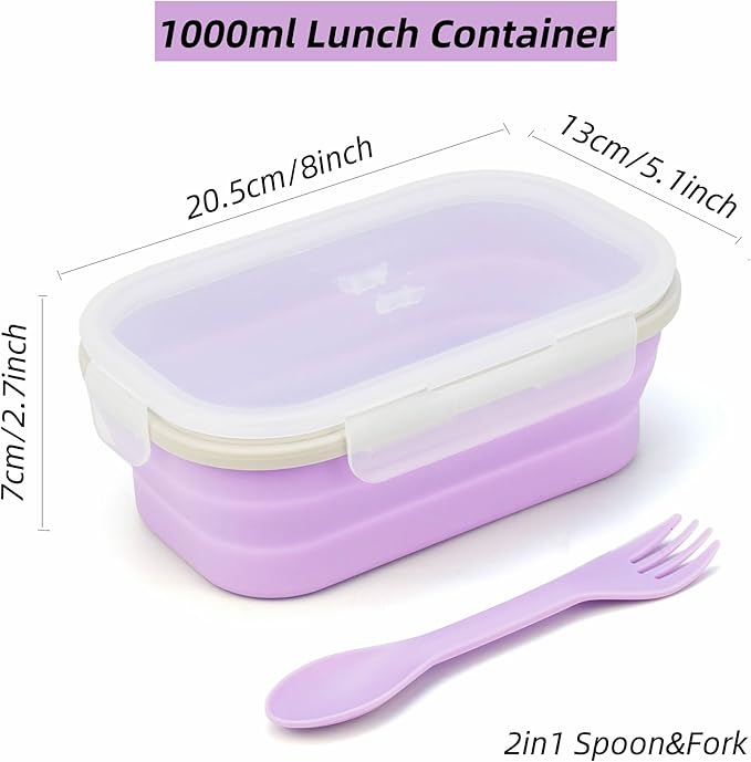 Collapsible Silicone Lunch Box with Lid and Spork, Leakproof Foldable Bento Box for Meal Prep, Travel, Camping, Microwave and Dishwasher Safe, 8.1 x 5.1 x 2.8 inches, Purple