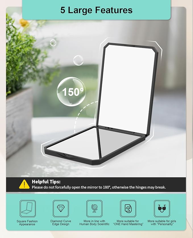 WOBSION Small Compact Mirror,1x/2x Travel Magnifying Mirror,2-Sided Handheld Portable Folding Mirror for Purse,Pocket,Gifts,Square(Black)
