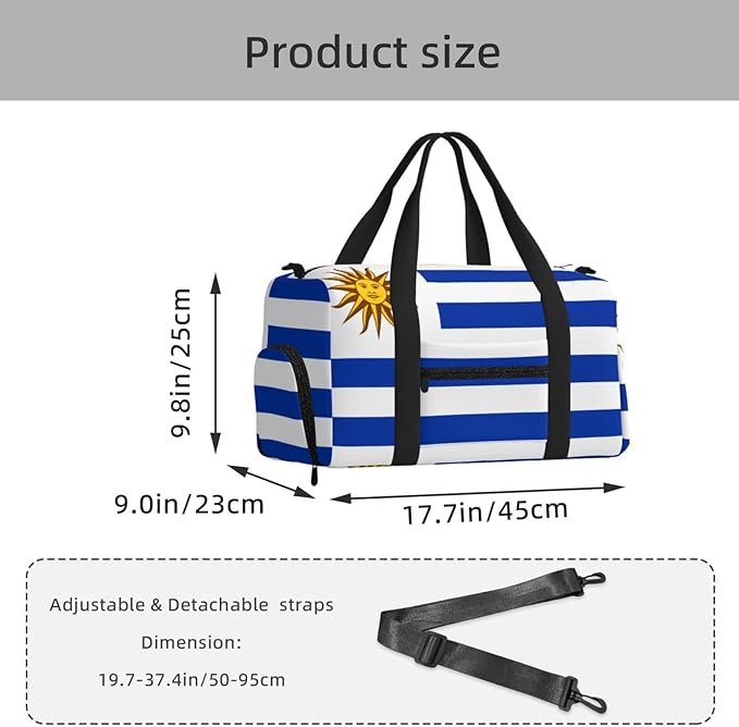Flag of Uruguay Print Gym Bag with Shoe Compartment for Women Men, 17.7in Sports Duffle Weekender Tote, Overnight Travel Duffel Bag Carry On