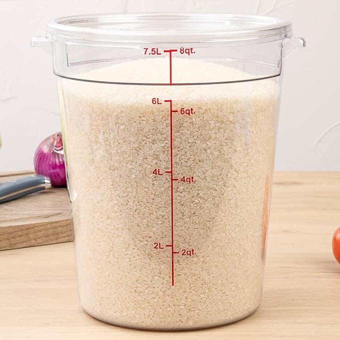 Restaurantware Met Lux 8 Quart Food Storage Containers 10 Round Commercial Storage Containers - Lids Sold Separately With Volume Markers Clear Plastic Food Prep Buckets Space-Saving Storage