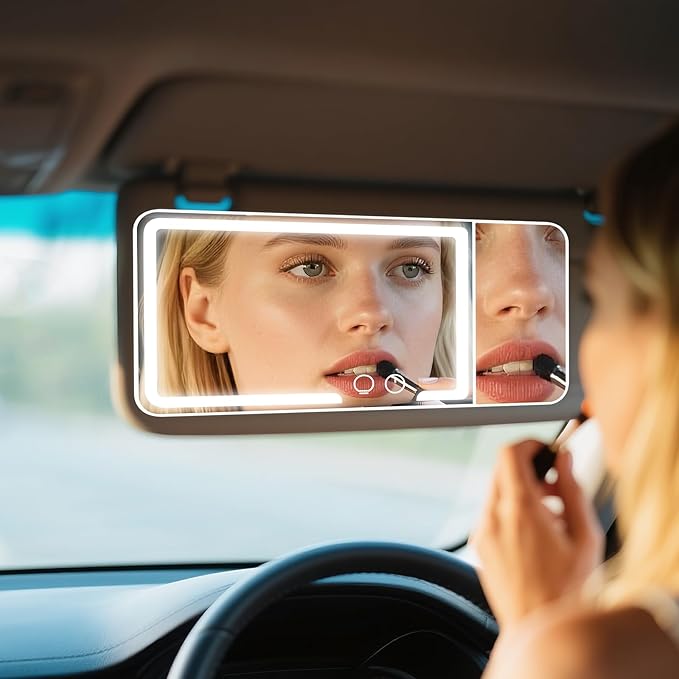 Car sun visor makeup mirror, equipped with 3x magnifying glass and three-color adjustable brightness soft light mirror, rechargeable, suitable for all models (Black)
