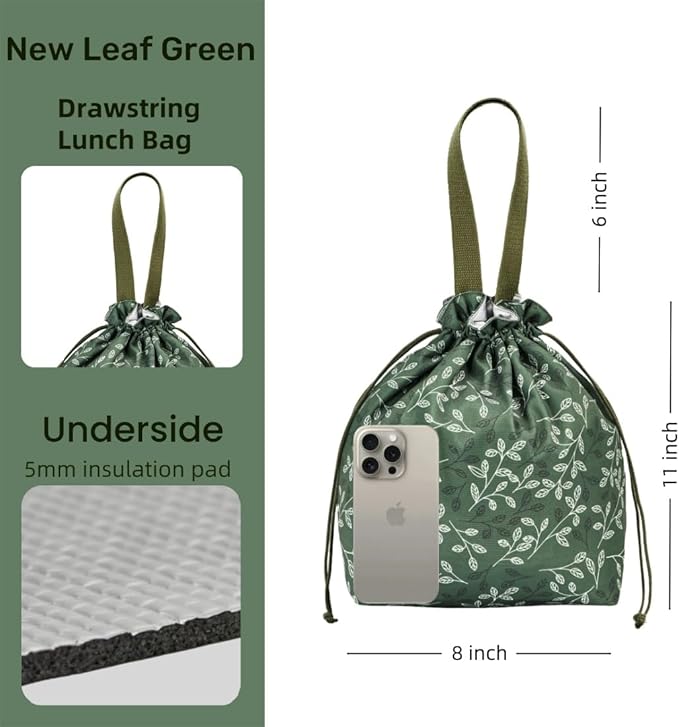 Reusable Small Lunch Bag,Drawstring Lunch Bag,Insulated Handbag Tote bag with Handle (New Leaf Green)