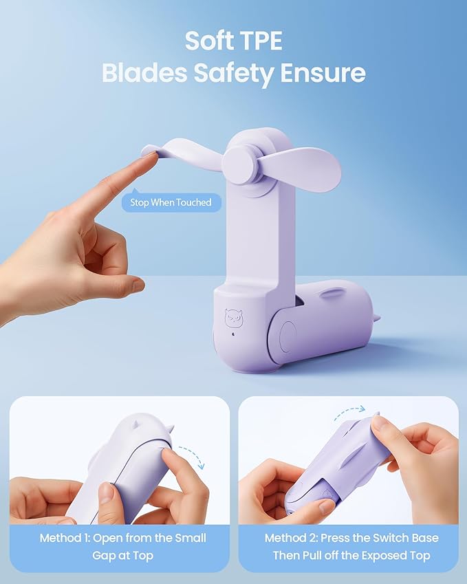 GAIATOP Portable Handheld Fan, 3 IN 1 Mini Foldable Travel Fans [17H Max Cooling Time] with Power Bank, Pocket Design USB Rechargeable for Travel Concert Lash Makeup Summer Gifts for Women Girl Purple
