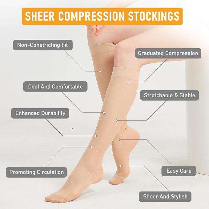 2 Pairs Sheer Compression Socks for Women - 15-20 mmHg Knee High Sheer Compression Stockings for Support Circulation Swelling Edema Work Office Travel, Heart, Large