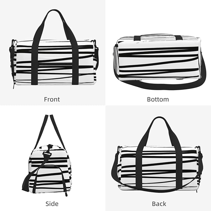 Modern Black White Lines Abstract Women'S Gym Duffle Bag With Shoes Compartment, Ideal For Travel, Gym, Sports, Duffel, Weekender