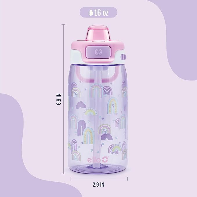 Ello Kids Pop & Fill 16oz Tritan Plastic Water Bottle with Quick Fill Technology, Leak Proof Locking Lid, Sip & Chug, BPA Free, Dishwasher Safe, For School, Lunchboxes, Rainbows