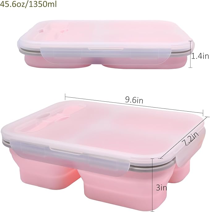 2 Pack Big Collapsible Silicone Bento Lunch Boxes With Lids spoons forks,3 Compartments, Divided Lunch Food Storage Containers, Safe in Microwave, Dishwasher and Freezer, 45.6oz, (Pink+Blue)
