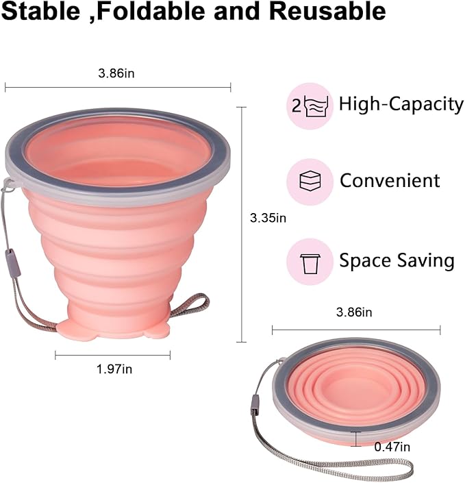 O-CONN 2 Pack Collapsible Cup, Silicone Collapsible Travel Cup, Silicone Folding Camping Cup with Lids Expandable, Drinking Cup for Outdoor Hiking Travel, Outdoor Sports- Portable, Graduated