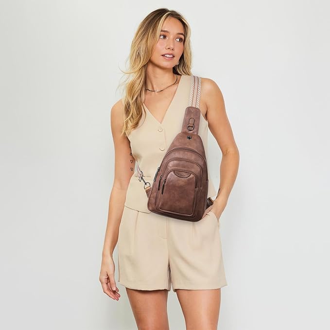 10L Crossbody Sling Bag for Women Men Anti Theft Cross Body Fanny Pack Belt Bag Purse Gifts for Women Faux Leather, Brown