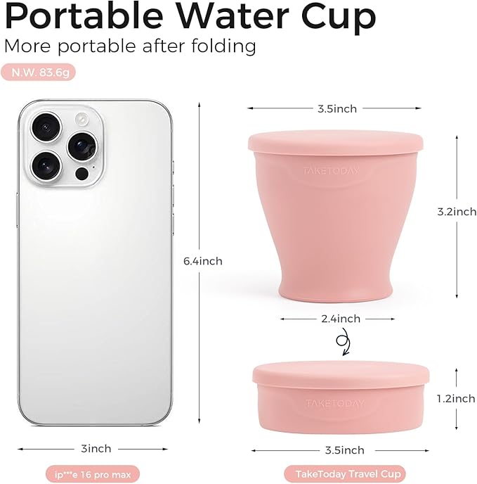 TakeToday Collapsible Travel Cup 8 oz - Silicone Foldable Water Cup, BPA-Free with Lid & Waterproof Bag - Drinking Cup Set for Camping, Outdoors & International Travel（Lowcountry Peach）