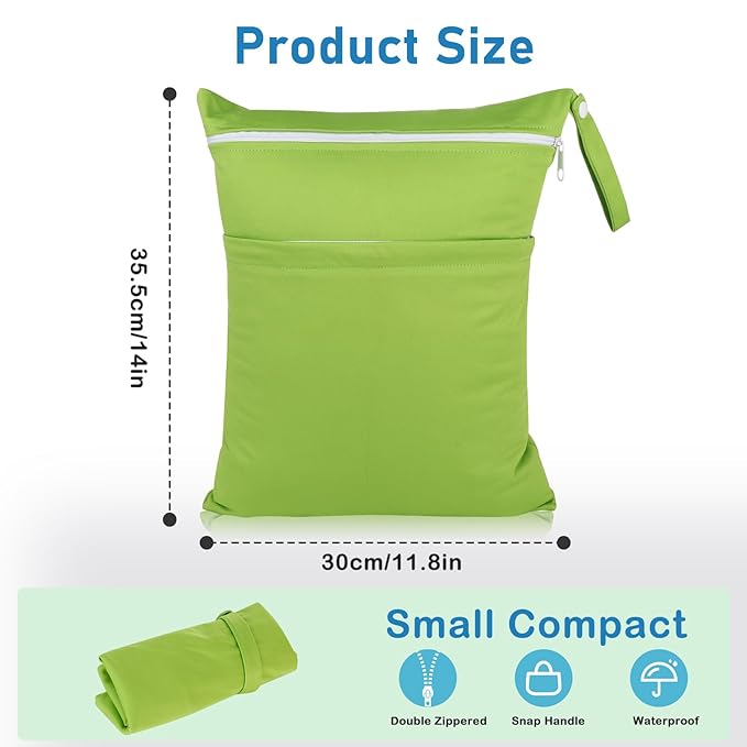 Angel Love Baby Cloth Diaper Wet/Dry Bags, 2 Pack With Two Zippered Pockets, Waterproof Washable Reusable for Travel, Beach, Pool, Gym, Swimsuits or Wet Clothes, L0109