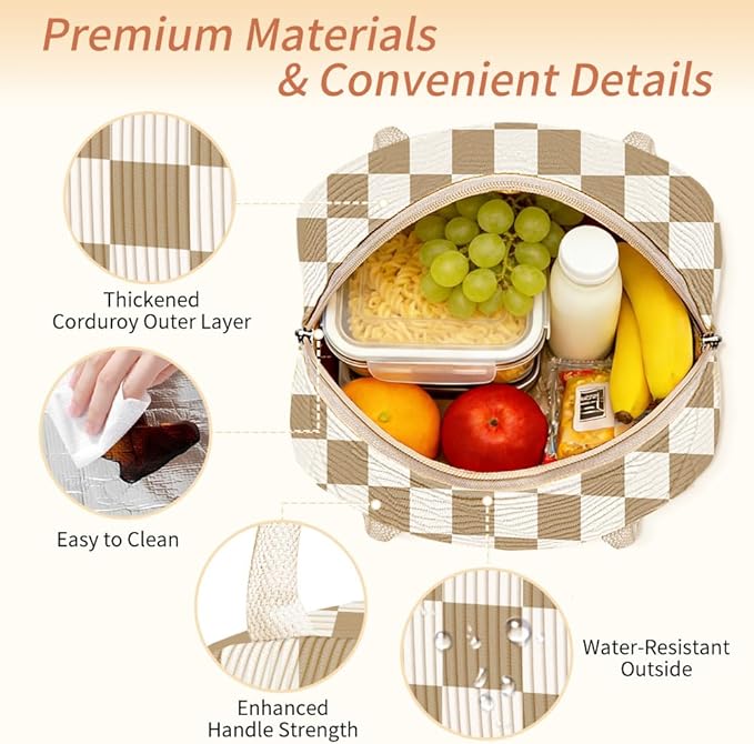 Coobiiya Lunch Bag Lunch Box for Women Men, Reusable Cute Corduroy Lunchbag - Leakproof, Insulated LunchBox Tote with Large Capacity, Dot