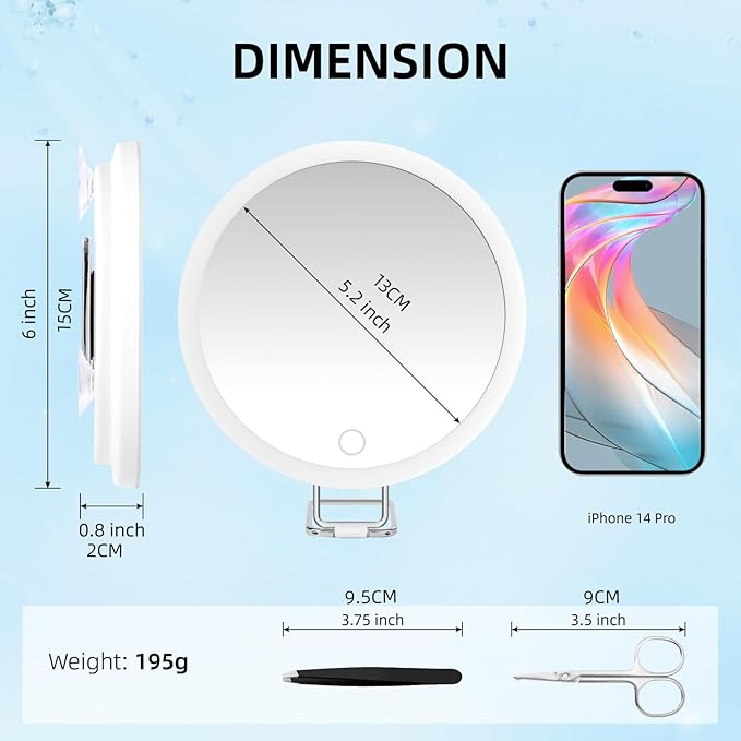 Magnifying Mirror with Light 30X, , Large 6" Rechargeable 3 Colors Modes Dimming Lighted Makeup Mirror with 30X Magnification, LED Travel Magnified Mirror with 3 Suction Cups and 360° Table Stand