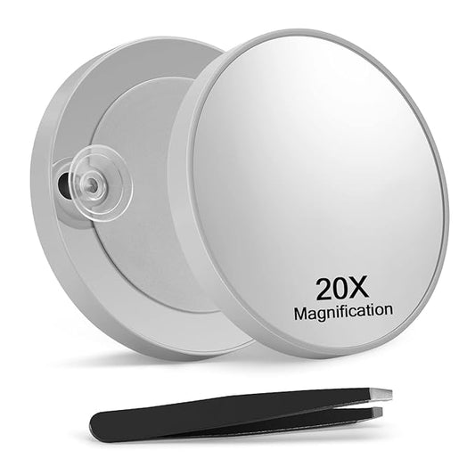 20X Magnifying Mirror with 2 Suction Cups, 3.5 inches Magnified Makeup Mirror and Slant Tweezers,Grey,1PC