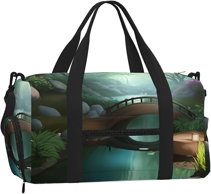 Little Bridge in the East Print Gym Bag with Shoe Compartment for Women Men, 17.7in Sports Duffle Weekender Tote, Overnight Travel Duffel Bag Carry On