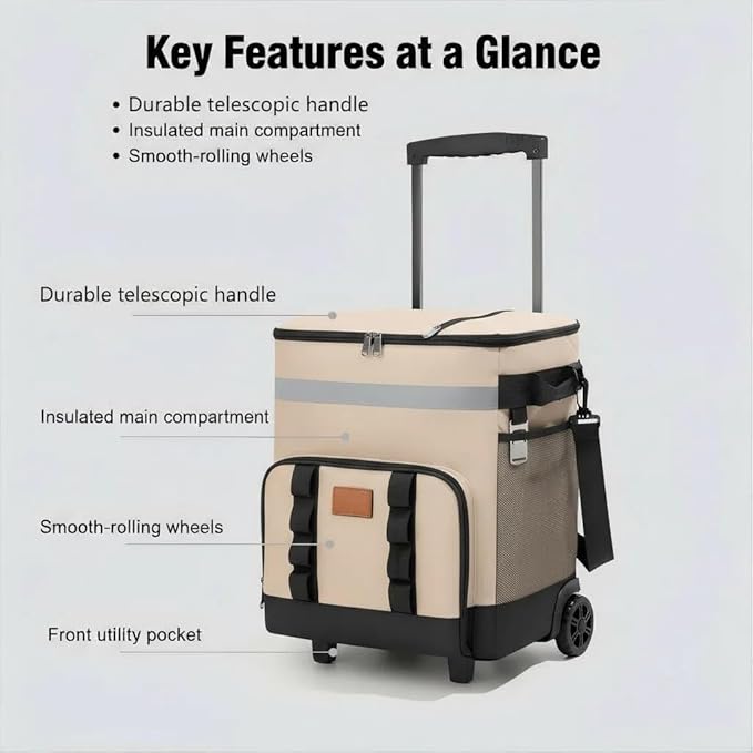 Insulated Rolling Cooler with Wheels - Soft Leak Proof Ice Chest for Camping, Travel and Lunch - Portable Wheeled Advanced Insulation