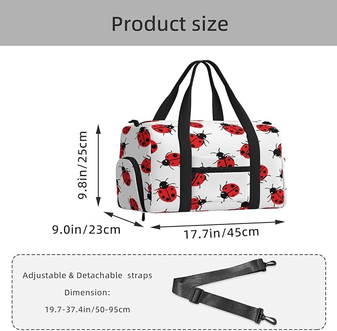Sports Gym Bag Red Black Ladybugs Pattern Travel Duffel Bag With Shoe Compartment Shoulder Strap, Lightweight Water-Resistant Weekend Overnight Totes For Women Men