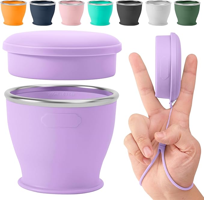 Collapsible Travel Cup, BPA-Free Reusable Water Cup, Lightweight Drinking Cups with Lids and Carrying Strap, Dishwasher Safe Silicone Cups for Camping, Travel, Airports, Hotel (6.7oz, Lilac)