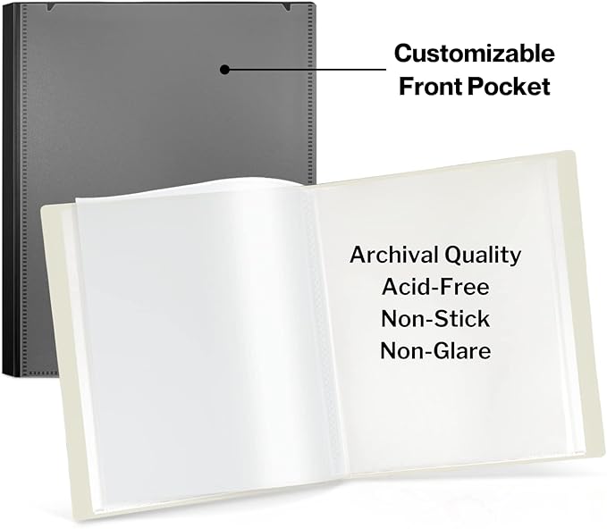 CRANBURY Portfolio Binder for 8x10 Photos (Black), Poly Plastic 8 x 10 Art Presentation Book with Clear Plastic Sleeves, 24 Pages Hold 48 Pictures, 10x8 Photo Book with Customizable Front Pocket