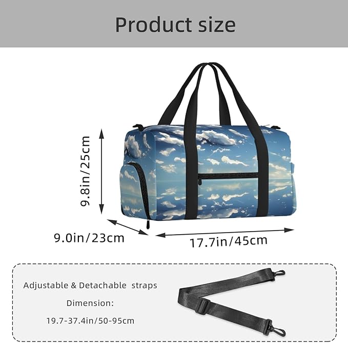 Blue sky and white clouds Print Gym Bag with Shoe Compartment for Women Men, 17.7in Sports Duffle Weekender Tote, Overnight Travel Duffel Bag Carry On