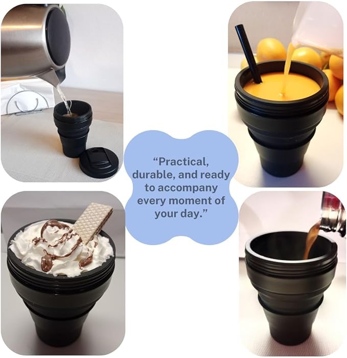 Collapsible Silicone Cup 12 oz – BPA Free Reusable Travel Cup with Lid & Straw – Foldable Pocket Size for Hot & Cold Drinks – Camping, Hiking, Office, Outdoor (Black)