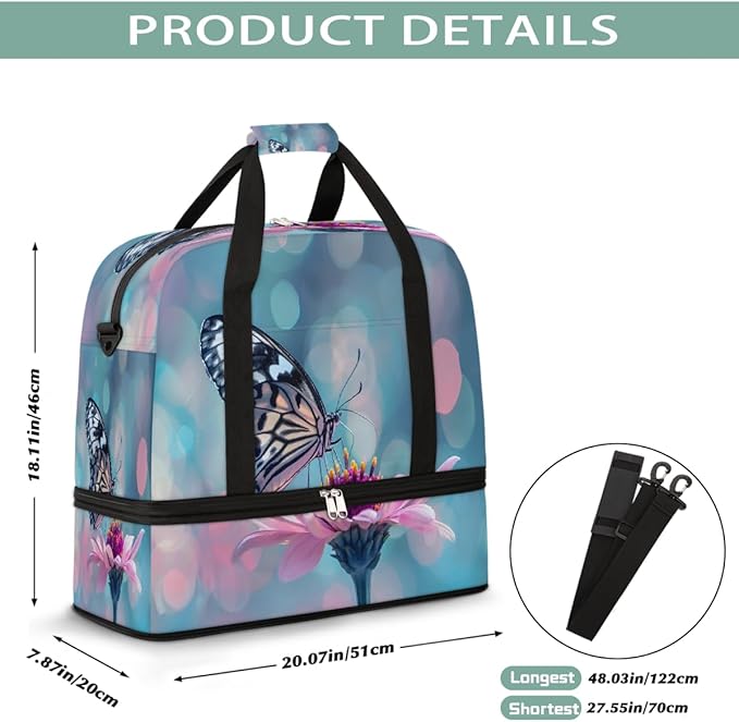 Pink Flower Butterfly Large Weekender Bag with Shoe Compartment Travel Duffel Bags for Women Carry On Hospital Overnight Bag Foldable Personal Item Travel Bags Tote Gym Sports Airplanes