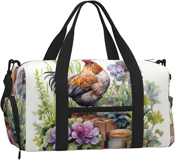 Sports Gym Bag Watercolor Hen Chicks Floral Travel Duffel Bag With Shoe Compartment Shoulder Strap, Lightweight Water-Resistant Weekend Overnight Totes For Women Men