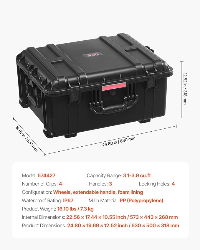 VEVOR Weatherproof Hard Case, Heavy Duty Protective Dry Box Case with Pre-Cut Foam, Wheel Retractable Pull Handles for Travel, Hunt, Military, Tactical, IP67 Waterproof Case for Camera(24.8*19.7*12.5)
