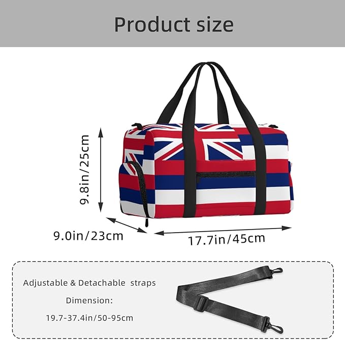 Hawaii Flag Print Gym Bag with Shoe Compartment for Women Men, 17.7in Sports Duffle Weekender Tote, Overnight Travel Duffel Bag Carry On