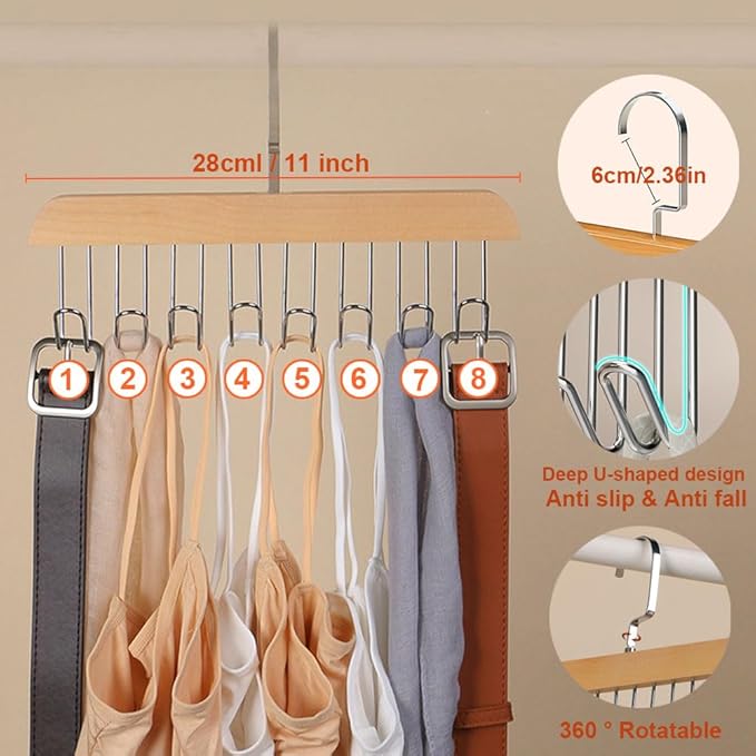 Bra Hangers 3 Pack - with 16 Non-Slip 360Rotating Metal Hooks for Tie, Hat, Bra, Wooden Multi Hook Hanger - Saves Space