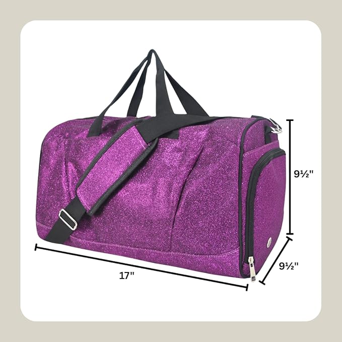 NGIL Glitter Cheers Sports Gym Duffel with Shoe Compartment and Small Carry on Travel Tote Bags for Women, Gym bag, Overnight bags for Women, Cheer Bag (Glitter-Purple)