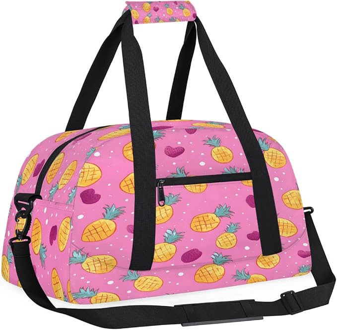 Duffle Bag for Women Men, Pink Pineapple Heart Gym Bag for Travel Sports, Lightweight Waterproof Weekender Overnight Bags with Adjustable Strap
