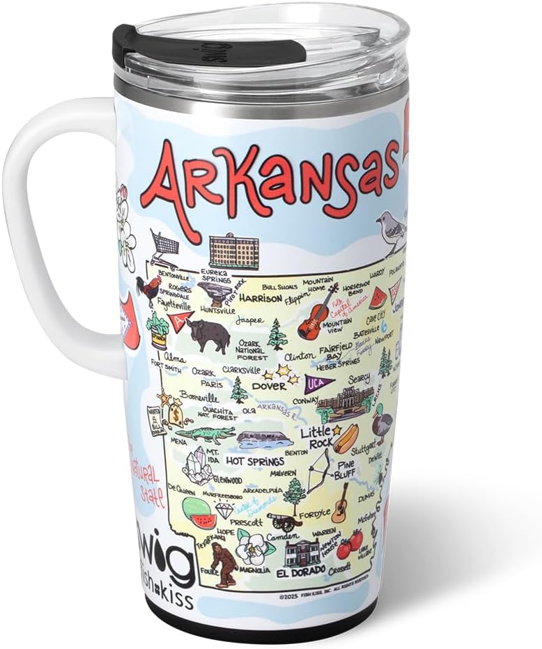 Swig Life 22oz Travel Mug, Insulated Tumbler with Handle and Lid, Travel Coffee Mug, Cup Holder Friendly, Stainless Steel 22 oz Tumbler, Reusable Insulated with Lid (Arkansas)