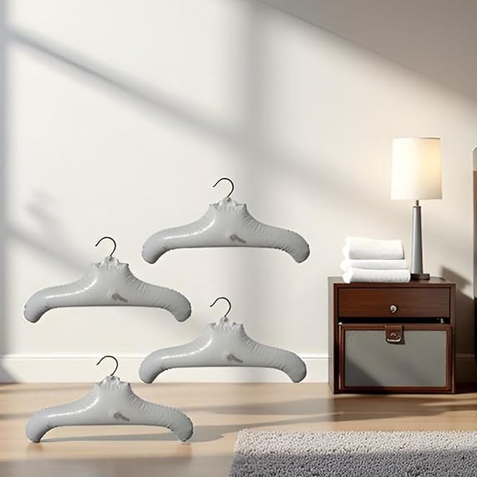 Coralpearl Inflatable Hangers for Travel X 4 in White Round Shoulder, Air Blow up Clothes Drying Hangars with Metal Hook, Compact, Space Saving, Foldable, Portable, Non Slip for Hand Wash Laundry