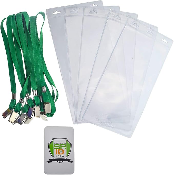 5 Pack - Extra Large 4 x 8 Inch Ticket & Event Credential Badge Holders with No Twist Double Sided Lanyards with Two Bulldog Clips, by Specialist ID (Green)