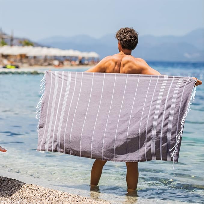 Hencely Turkish Beach Towel 37x68 Oversized, Sand-Free, Quick-Dry, Lightweight - Travel Essential for Pool & Bath - Striped 100% Cotton Bathroom Towels Accessories Gift (Silver)