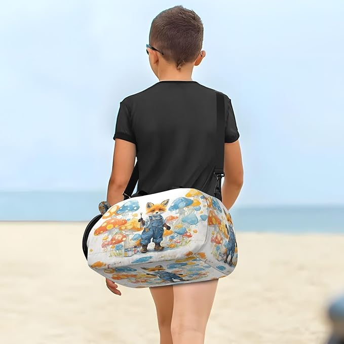 Kids Travel Duffel Bag Overnight Weekender Carry-On Tote Gym Bag with Shoes Compartment Sports School Anthropomorphic Fox in Denim Overalls Painting A Mural Of Polka-dot Mushrooms Lisa Frank Neon Pal