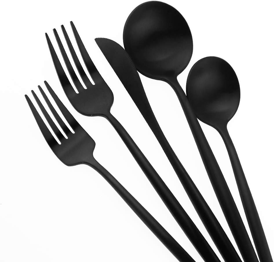 Matte Balck Silverware Set,Gugrida 5-Piece 18/10 Stainless Steel Satin Finish Flatware Set,Kitchen Utensil Set,Tableware Travel Cutlery Set for Camping Office or School Lunch, Dishwasher Safe