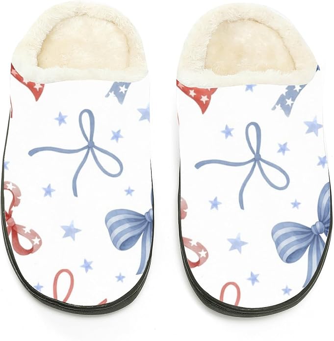 Slippers Women Indoor Bow Graphic Pattern Flannel Cotton Slipper Non Slip Machine Washable Comfy His and Hers Shoes Gifts for 40 Year Old Woman Room Essentials for Women