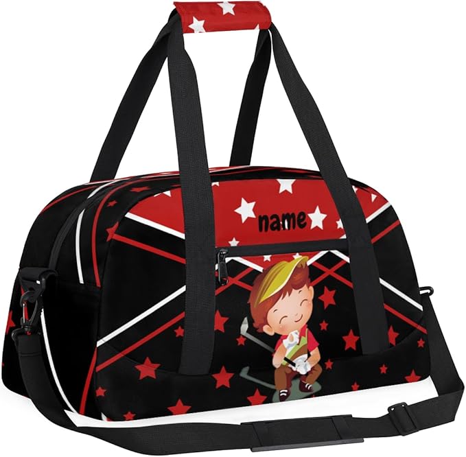 Custom Name Red Black Golf Boy Gym Travel Duffle Bag with Front Zipper Pocket Personalizedfor Sports Bag for Overnight, Weekender, Carry On,Workout & Dance, 18.9 * 8.7 * 10.6 in