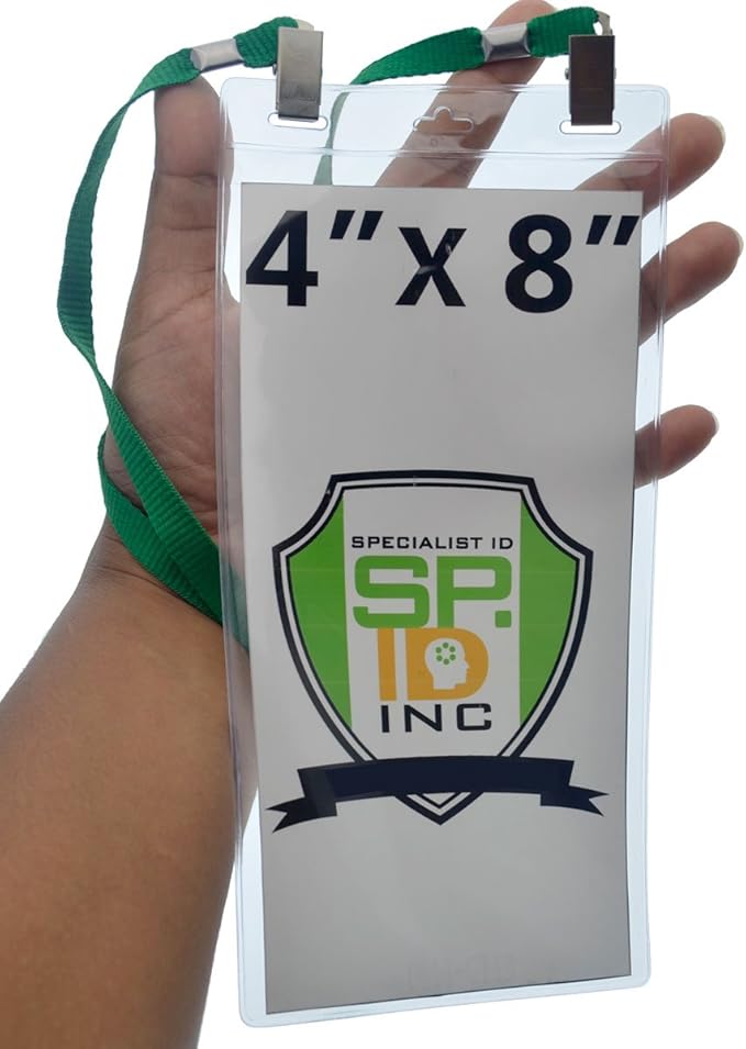 5 Pack - Extra Large 4 x 8 Inch Ticket & Event Credential Badge Holders with No Twist Double Sided Lanyards with Two Bulldog Clips, by Specialist ID (Green)