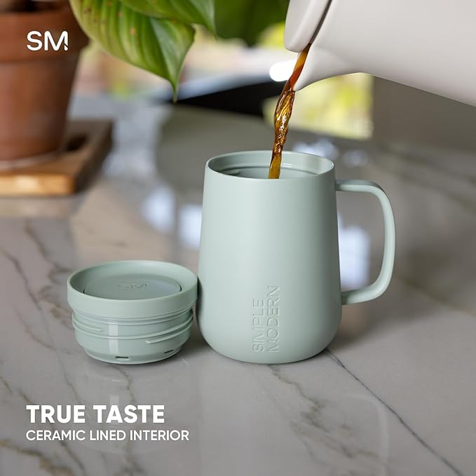 Simple Modern Voyager Signature Mug | Travel Coffee Tumbler with 360° Lid and Handle | Ceramic-Lined Insulated Stainless Steel Iced Cold Brew Cup | 12oz, Lavender Mist