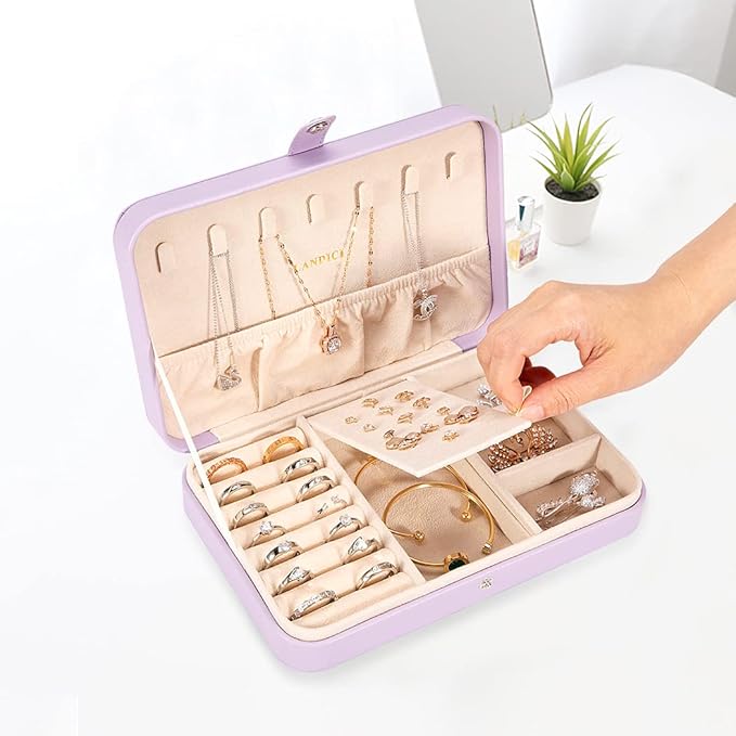 LANDICI Small Jewelry Box for Women Girls, PU Leather Travel Jewelry Case, Portable Jewelry Organizer Storage Holder Display for Ring Earrings Necklace Bracelet Bangle Men Kids Gift, Lavender