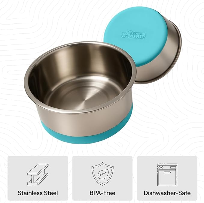 GORILLA GRIP Dog Bowls, Heavy Duty 304 Stainless Steel Holds 4 Cups Each (32 fl oz) Food and Water Bowl for Feeding Dogs and Cats Dishwasher Safe Rust Resistant BPA Free Rubber Base Set of 2 Turquoise