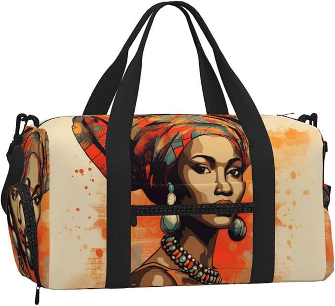 Sports Gym Bag Ethnic Bohemian African Woman Art Painting Travel Duffel Bag With Shoe Compartment Shoulder Strap, Lightweight Water-Resistant Weekend Overnight Totes For Women Men