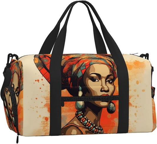 Sports Gym Bag Ethnic Bohemian African Woman Art Painting Travel Duffel Bag With Shoe Compartment Shoulder Strap, Lightweight Water-Resistant Weekend Overnight Totes For Women Men