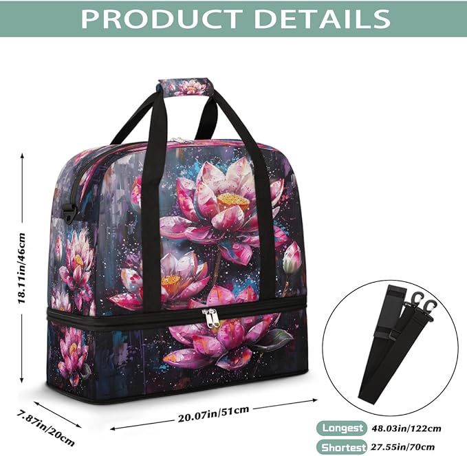 Pink Oil Painting Lotus Large Weekender Bag with Shoe Compartment Travel Duffel Bags for Women Carry On Hospital Overnight Bag Foldable Personal Item Travel Bags Tote Gym Sports Airplanes