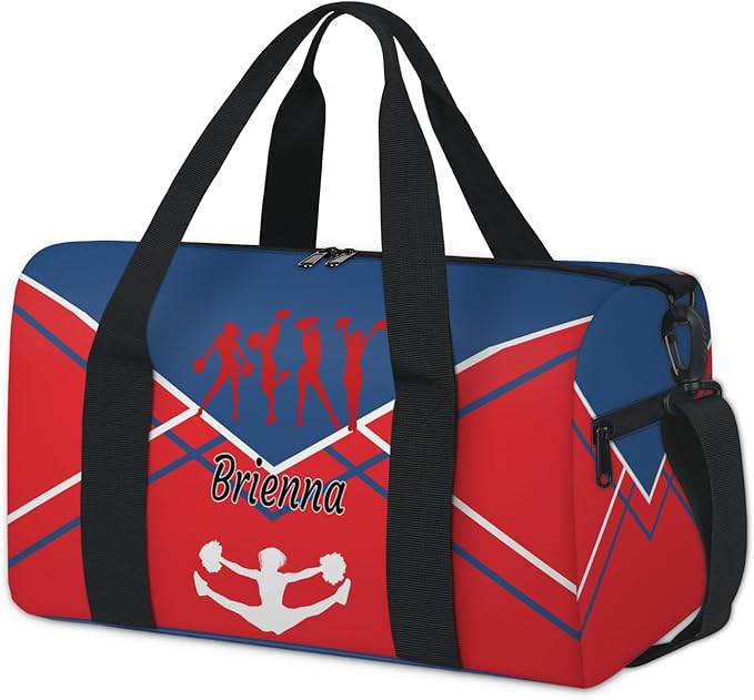 Custom Gym Dance Bag Cheerleading, Personalized Sports Bag for Teens Waterproof Weekender Carry Practice Travel Tote, Steel Blue with Red Cheer Team